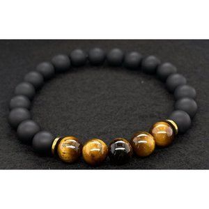 Hand Crafted Black Matte Onyx with Tiger Eye Accent Bracelet